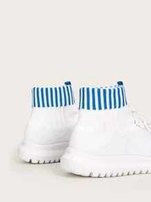 Cuccoo Contrast Trim Lace Up Decor Knit Sneakers - White - View 4