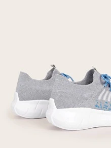 Cuccoo Striped Pattern Lace Up Decor Knit Sneakers - Grey - View 7