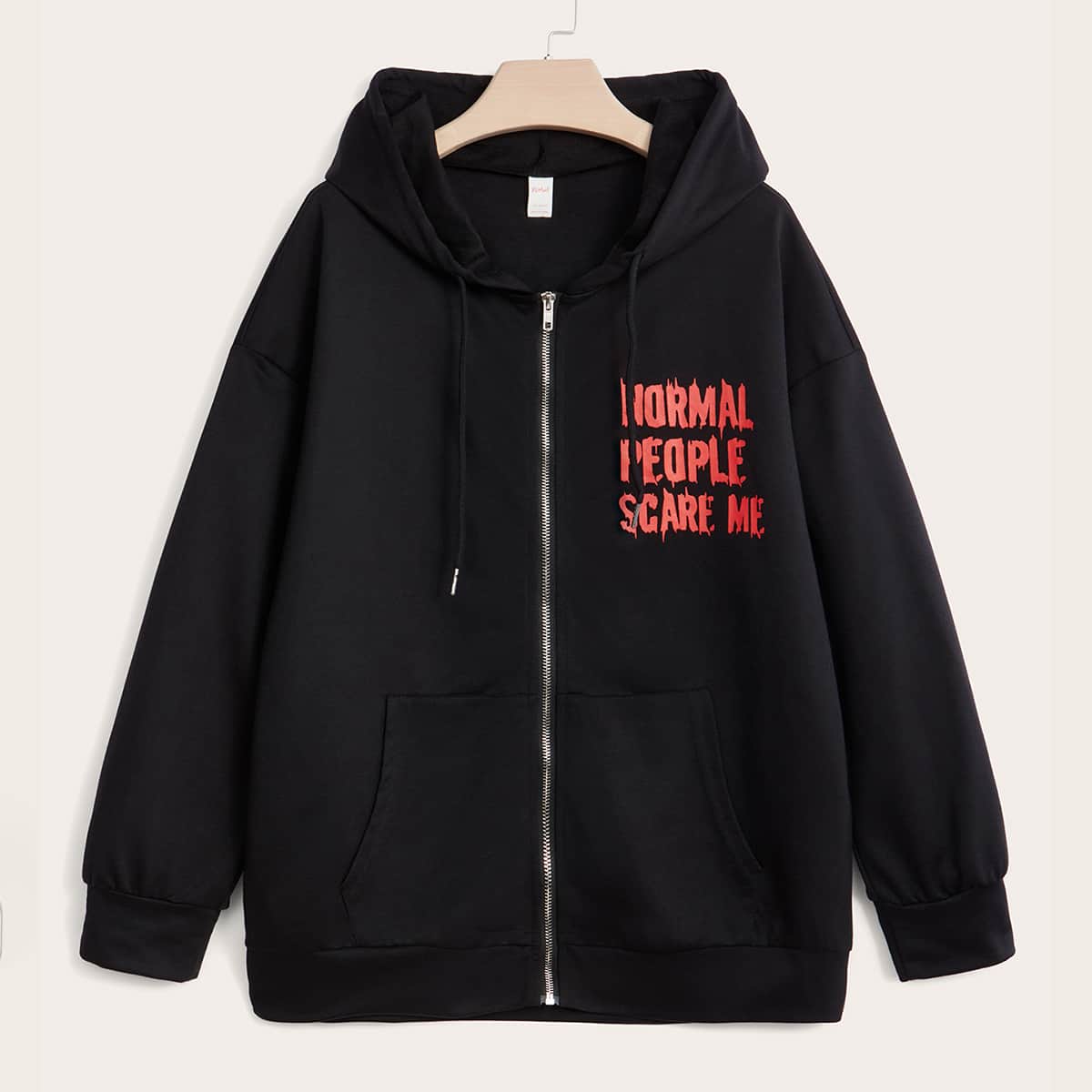 

Letter Zip Up Pocket Drawstring Hoodie, Black