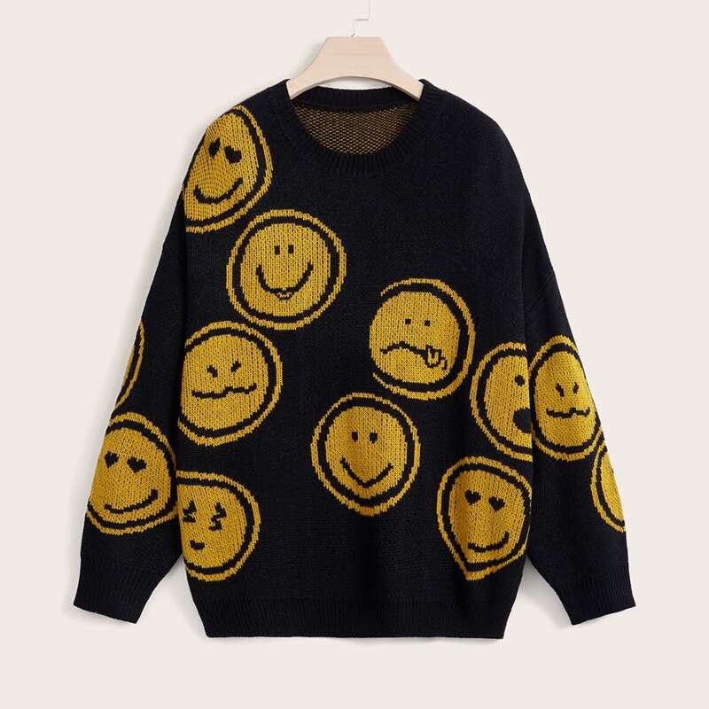 

Cartoon Pattern Drop Shoulder Sweater, Black