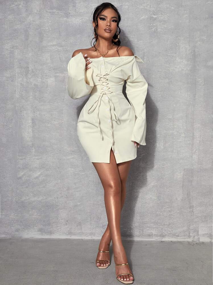 SHEIN SXY Vestido de hombros descubiertos con cordón delantero - Albaricoque - Añade 1