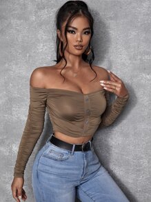 SHEIN SXY Off Shoulder Button Front Ruched Crop Top - Mocha Brown - View 4