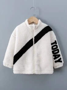 SHEIN Áo khoác con gái lớn Dây kéo Đồ họa Lá thư Giải trí - Màu be - Xem 1