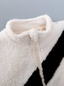 SHEIN Áo khoác con gái lớn Dây kéo Đồ họa Lá thư Giải trí - Màu be - Xem 3