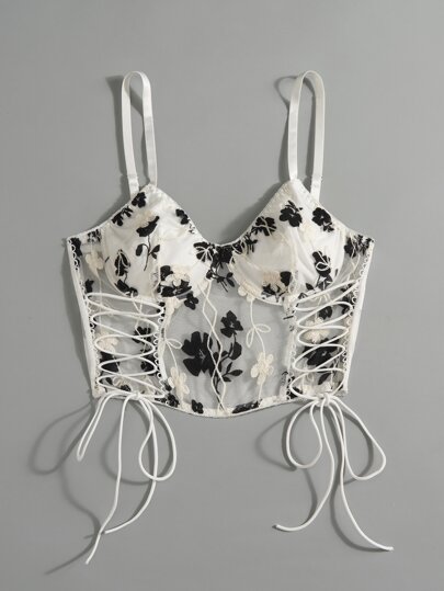 Goth Top à fines brides court à lacets brodé fleur
