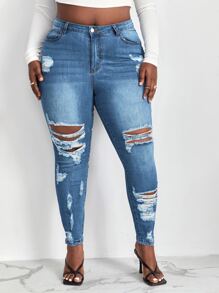 SHEIN SXY Plus Bleach Wash Ripped Frayed Skinny Jeans - Medium Wash - View 1