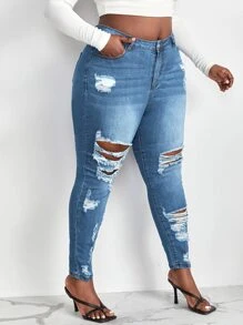 SHEIN SXY Plus Bleach Wash Ripped Frayed Skinny Jeans - Medium Wash - View 4
