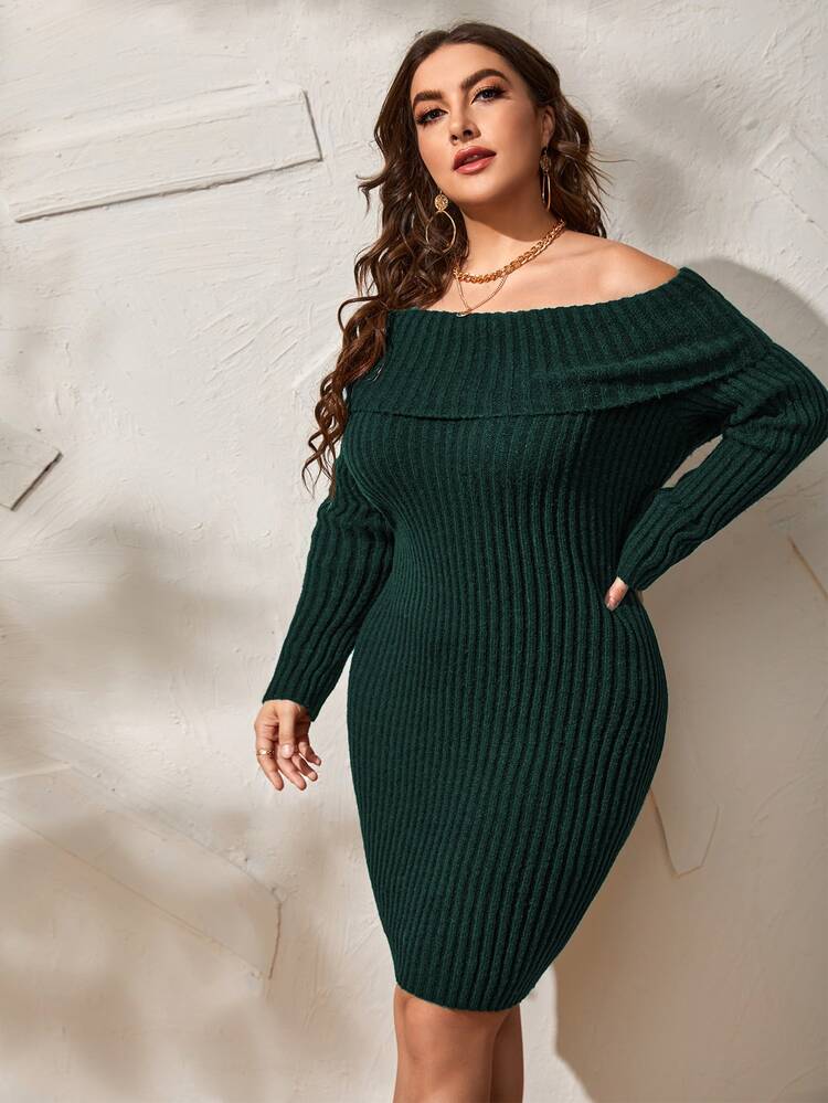 Plus Off Shoulder Jumper Dress - Dark Green - View 3