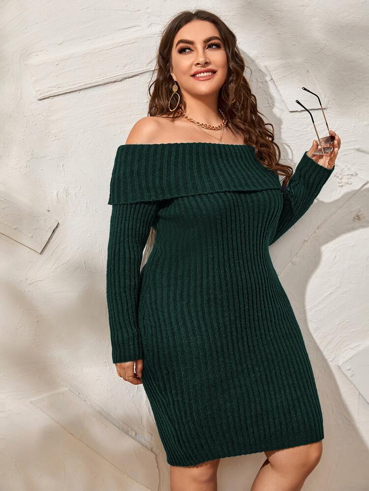 Plus Off Shoulder Jumper Dress - Dark Green - View 5