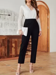 SHEIN Frenchy Quần dài may ngược trơn màu đen phong cách thanh lịch - màu đen - Xem 3