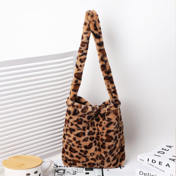 

Leopard Pattern Fluffy Shoulder Bag, Multicolor
