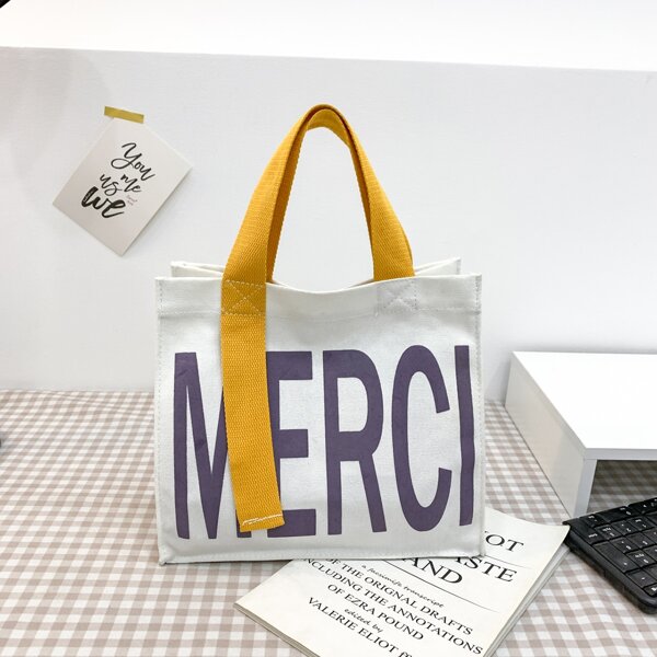

Letter Graphic Top Handle Bag, Beige