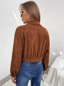 SHEIN EZwear 燈芯絨翻蓋細節短夾克 - 棕色 - 查看 2