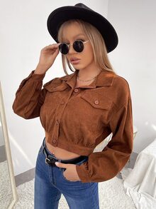 SHEIN EZwear 燈芯絨翻蓋細節短夾克 - 棕色 - 查看 3