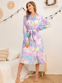 SHEIN Bata de dormir de tie dye con estampado de estrella con cinturón de franela - Multicolor - Ver 5