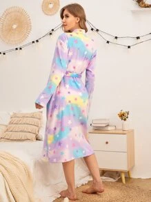 SHEIN Bata de dormir de tie dye con estampado de estrella con cinturón de franela - Multicolor - Ver 2