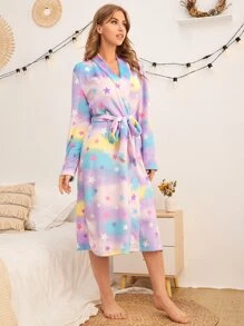 SHEIN Bata de dormir de tie dye con estampado de estrella con cinturón de franela - Multicolor - Ver 4