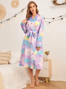 SHEIN Bata de dormir de tie dye con estampado de estrella con cinturón de franela - Multicolor - Ver 1