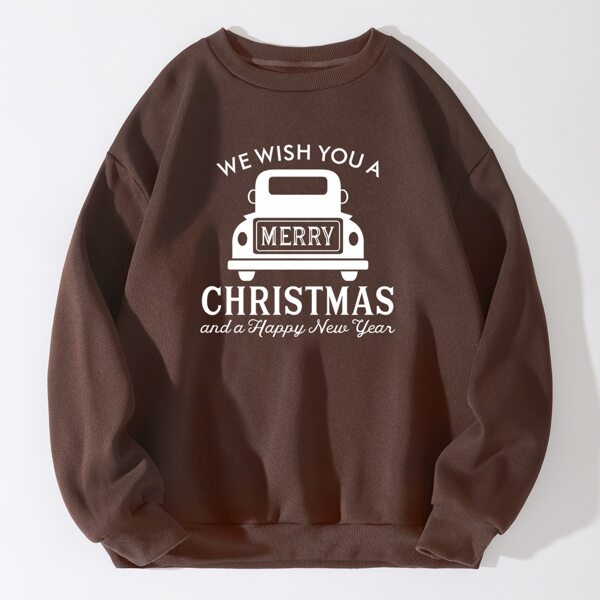 

Christmas Slogan & Car Print Thermal Pullover, Chocolate brown