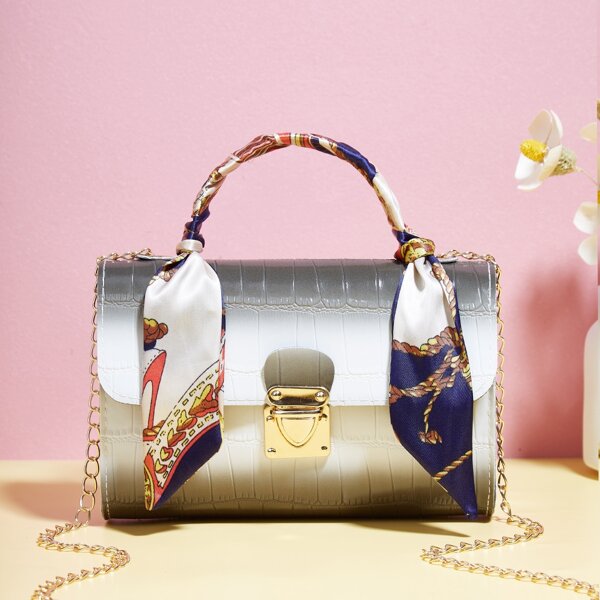 

Crocodile Embossed Twilly Scarf Decor Chain Square Bag, Multicolor