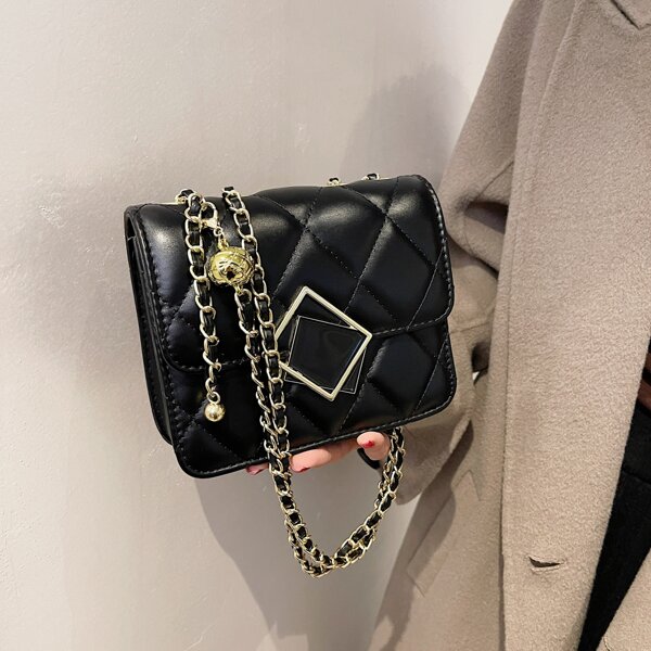 

Quilted Metal Decor Chain Square Bag, Black