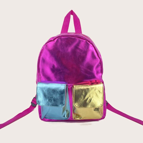 

Girls Colorblock Pocket Front School Bag, Hot pink