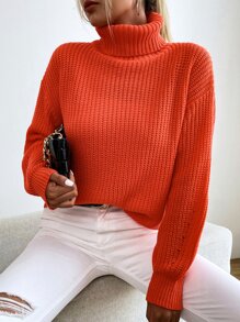 SHEIN Essnce Turtle Neck Drop Shoulder Sweater Knit Pullover Fall Winter Outfit - Burnt Orange - View 1