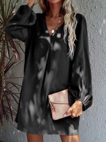 SHEIN LUNE Lantern Sleeve Fold Pleated Dress - Black - View 1