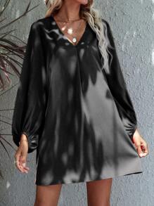 SHEIN LUNE Lantern Sleeve Fold Pleated Dress - Black - View 6