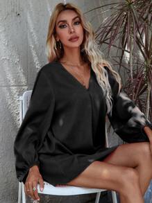 SHEIN LUNE Lantern Sleeve Fold Pleated Dress - Black - View 7