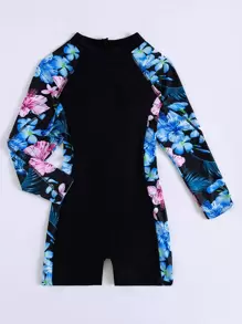 SHEIN Swim Summer Beach Floral Print High Neck One Piece Swimsuit - Black - View 5