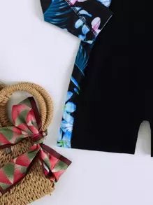 SHEIN Swim Summer Beach Floral Print High Neck One Piece Swimsuit - Black - View 4