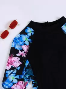 SHEIN Swim Summer Beach Floral Print High Neck One Piece Swimsuit - Black - View 3