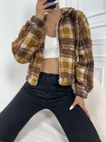 Plaid Print Zip Up Teddy Jacket - Multicolor - View 1