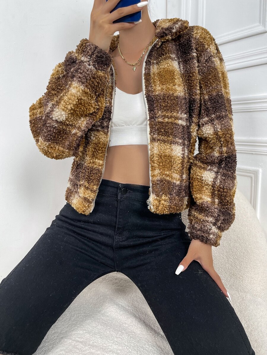 Plaid Print Zip Up Teddy Jacket - Multicolor - View 1