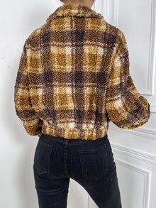 Plaid Print Zip Up Teddy Jacket - Multicolor - View 2