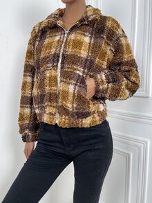 Plaid Print Zip Up Teddy Jacket - Multicolor - View 3