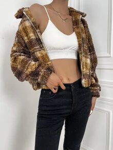 Plaid Print Zip Up Teddy Jacket - Multicolor - View 4