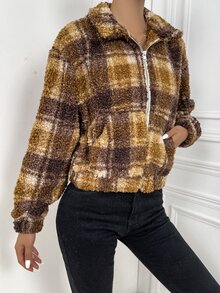Plaid Print Zip Up Teddy Jacket - Multicolor - View 5