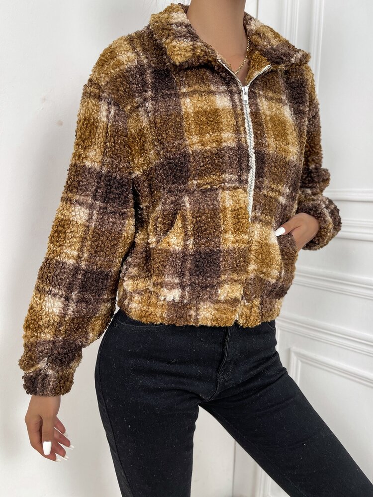 Plaid Print Zip Up Teddy Jacket - Multicolor - View 5