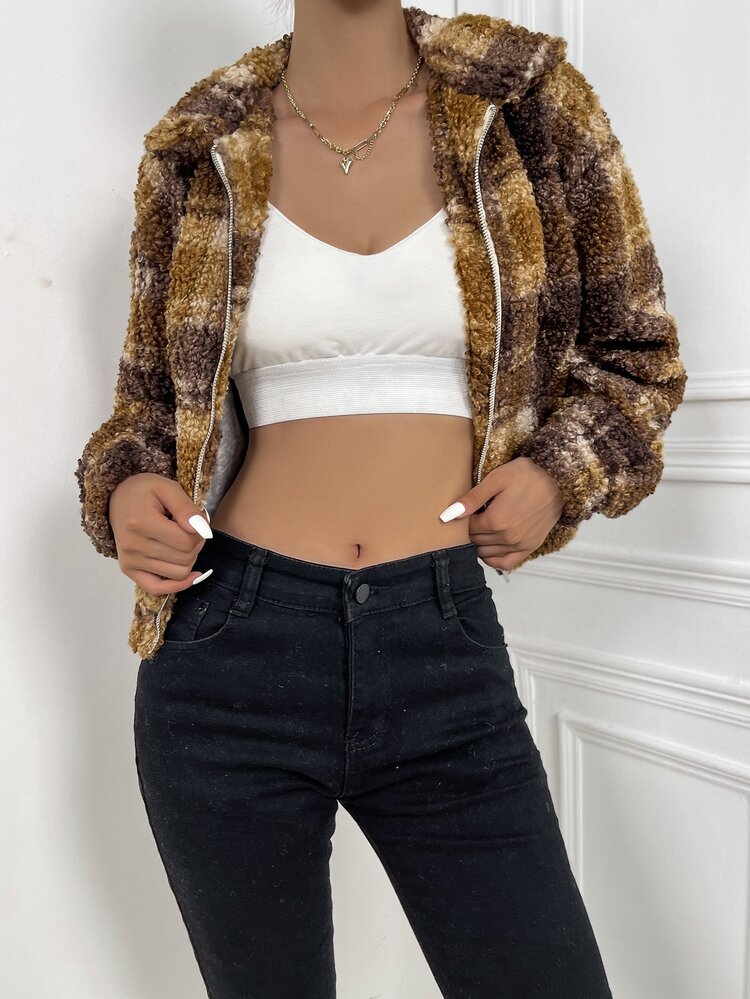 Plaid Print Zip Up Teddy Jacket - Multicolor - View 6