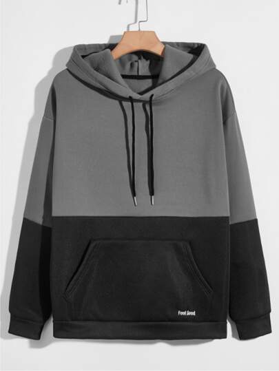 Manfinity Men Two Tone Slogan Embroidery Kangaroo Pocket Drawstring Hoodie