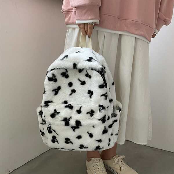

Cherry Graphic Fluffy Functional Backpack, Black and white