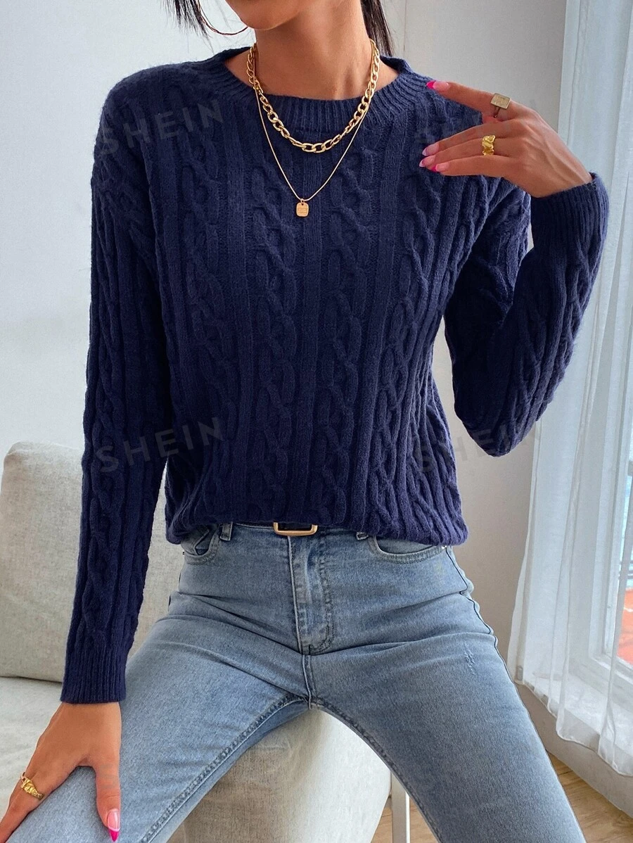EMERY ROSE Suéter de punto de cable con hombros caídos, parte superior de manga larga de punto, jersey de punto para otoño e invierno - Azul Marino - Ver 1