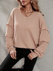 Áo thun nữ POM Pom phân lớp Gân đan màu trơn Giải trí - Bụi hồng - Xem 1