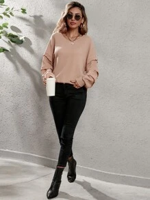 Áo thun nữ POM Pom phân lớp Gân đan màu trơn Giải trí - Bụi hồng - Xem 4