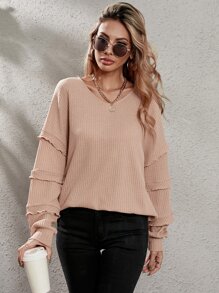 Áo thun nữ POM Pom phân lớp Gân đan màu trơn Giải trí - Bụi hồng - Xem 5