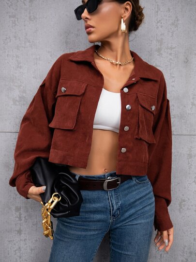 Drop Shoulder Flap Pocket Crop Jacket