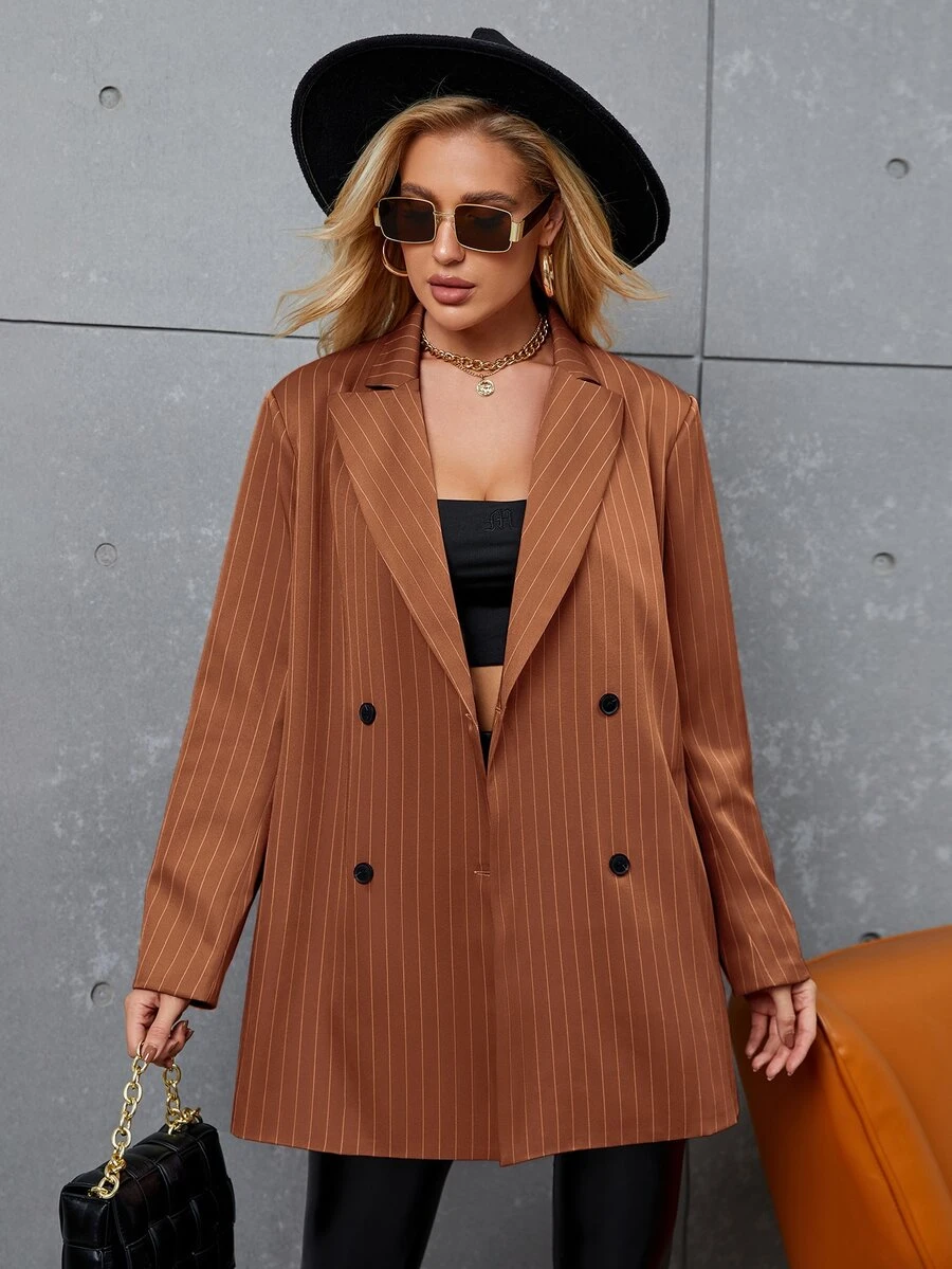 Áo khoác  âu phục nữ Nút đôi Sọc Giải trí - màu nâu - Xem 1