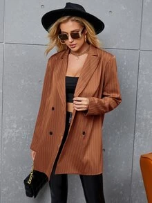 Áo khoác  âu phục nữ Nút đôi Sọc Giải trí - màu nâu - Xem 3